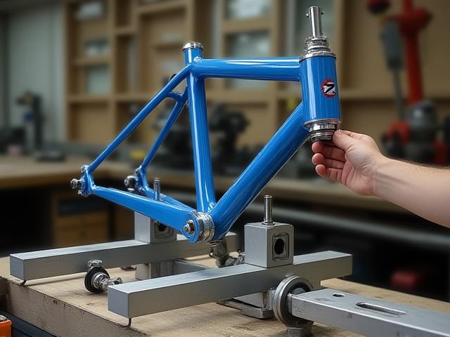 Bicycle frame mounted in a precision alignment jig, being checked by Elizabeth J Kehoe