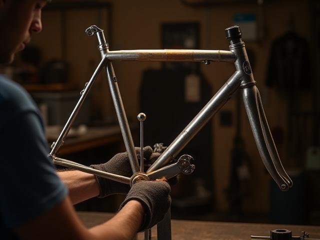 Vintage bike frame in a repair jig, showing tube repair and alignment process
