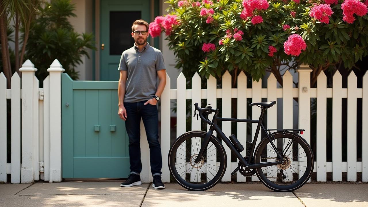Michael's custom urban commuter, sleek black steel frame, ridden in a city park at sunset