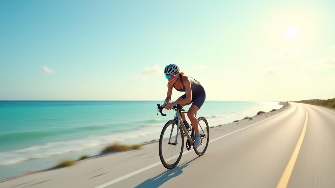 Sarah's custom titanium road bike, sleek minimalist design, ridden on a coastal highway