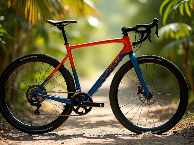 Gravel bike frame with a vibrant sunset-inspired fade from orange to deep purple, seen on a dirt path.