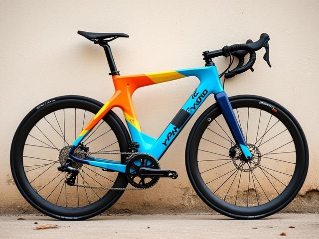 Road bike frame with a sharp, multi-color geometric pattern, leaning against a weathered Key West fence.