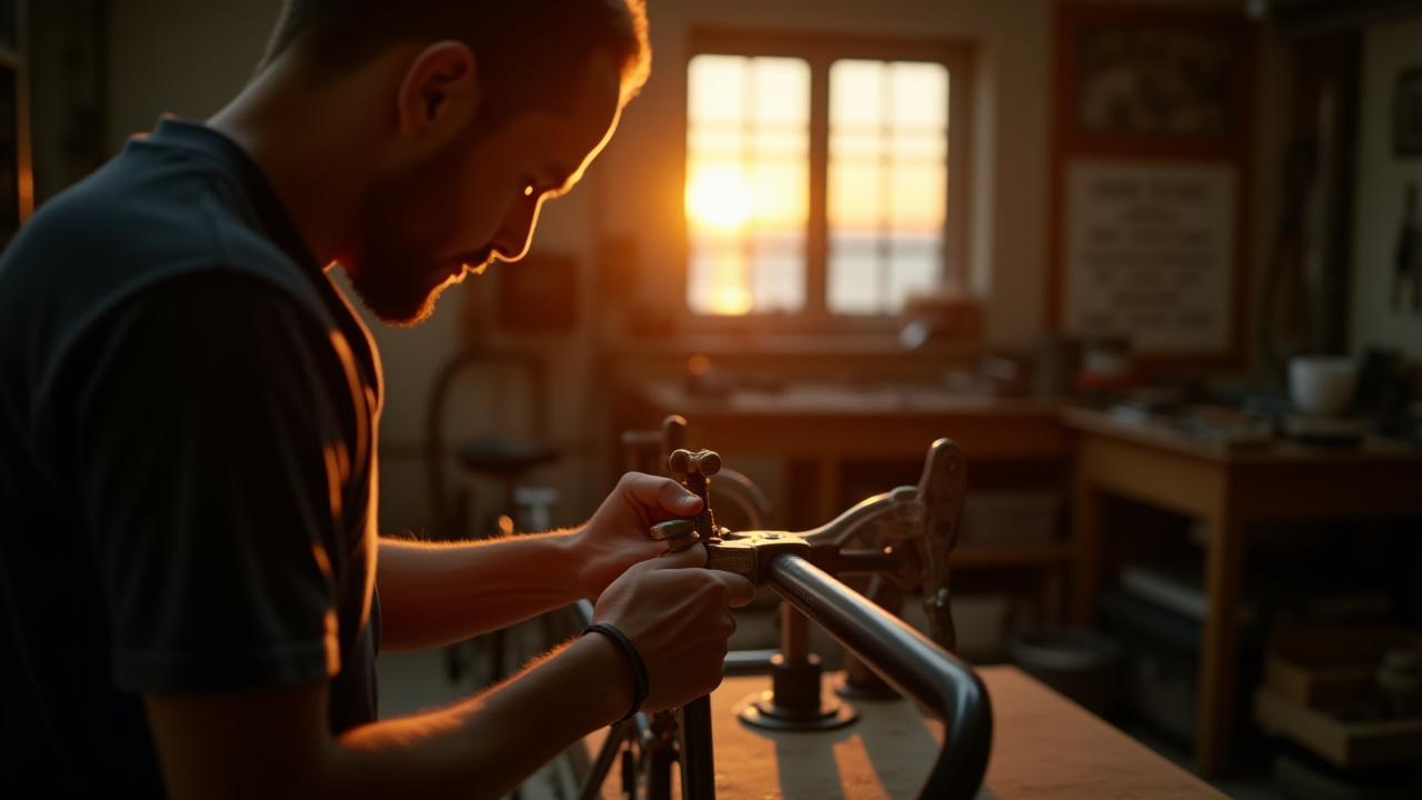 Atmospheric shot of a frame builder's workshop with hands meticulously working on a steel bicycle frame