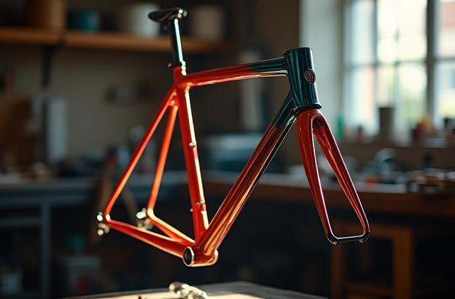 Custom bike frame in a workshop, partially painted
