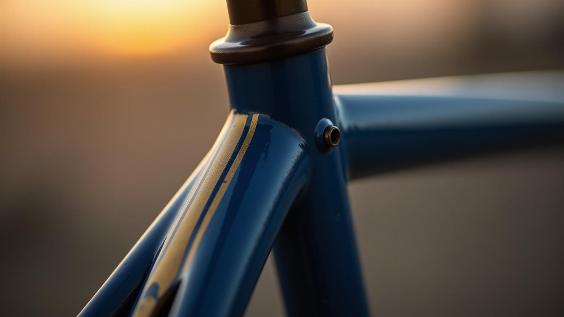 Macro shot of a lugged bicycle joint with intricate paint lining, reflecting coastal light.