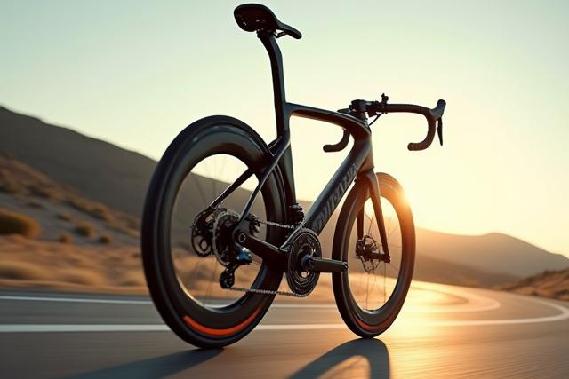 An aerodynamic road bike with disc brakes and deep section wheels.