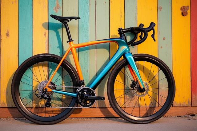 A brightly custom painted steel road bike leaned against a coastal backdrop.