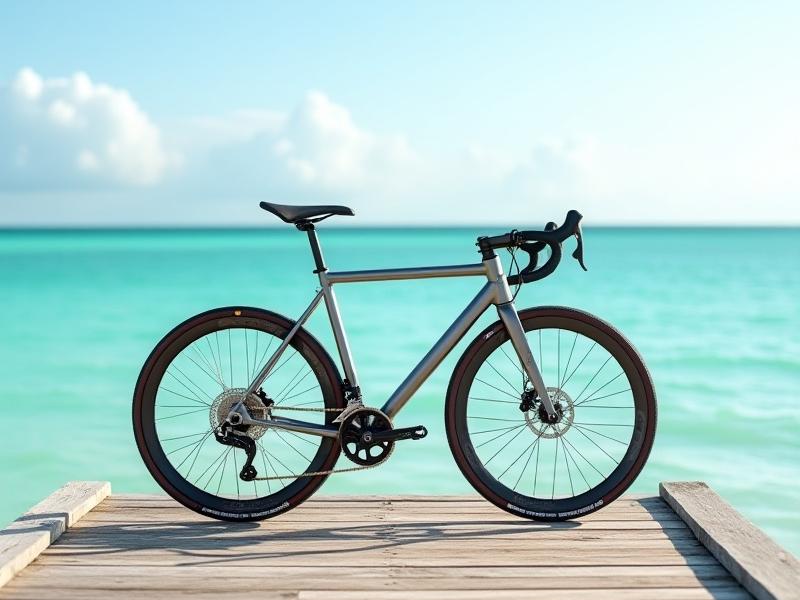 A premium titanium gravel bike parked elegantly on a weathered wooden pier in Key West, clear blue ocean and distant horizon in the background.