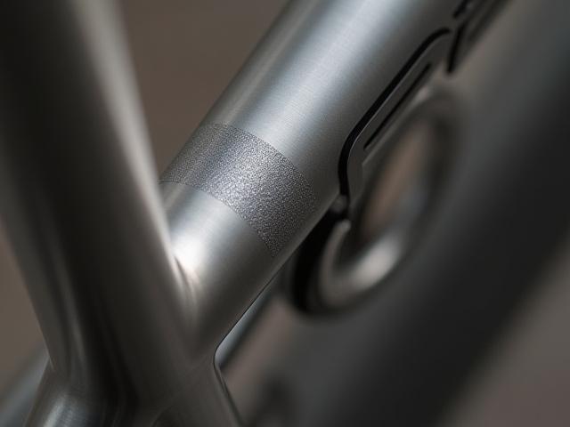 Macro detail of a precision bead-blasted logo seamlessly integrated into a raw titanium bicycle frame, showcasing the elegant matte contrast against the brushed finish.